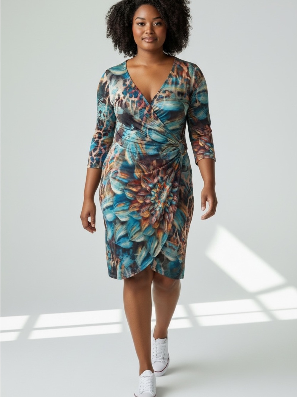 Boho Chic Teal and Rust Floral Wrap Midi Dress with V-Neck